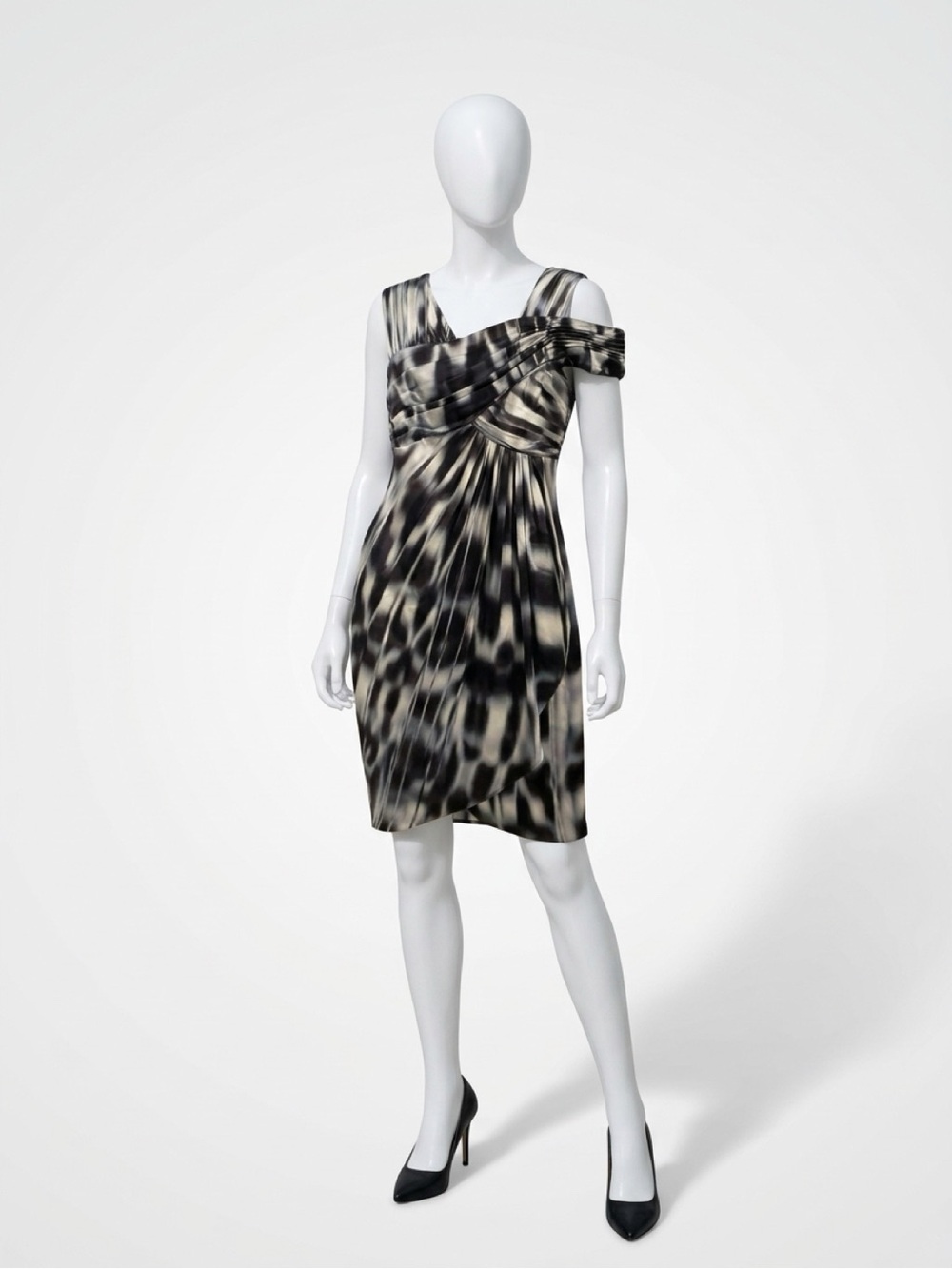 Nicole Miller Black and White One-Shoulder Draped Dress